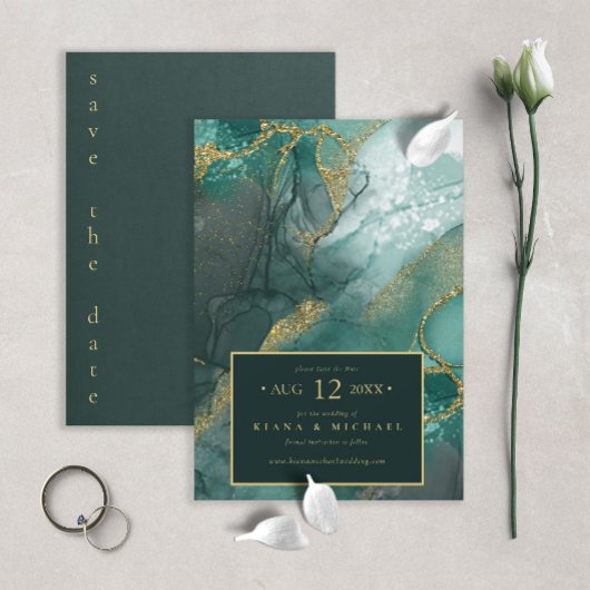Moody Ink Emerald Gold Abstrakt ID988 Save The Date