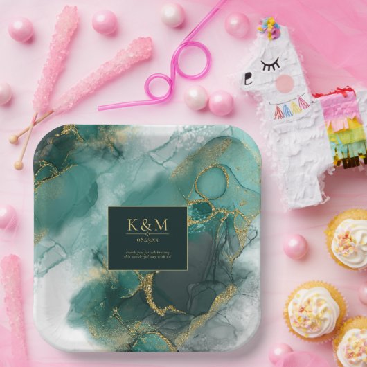 Moody Ink Emerald Gold Abstrakt Lt ID988 Pappteller (Party)