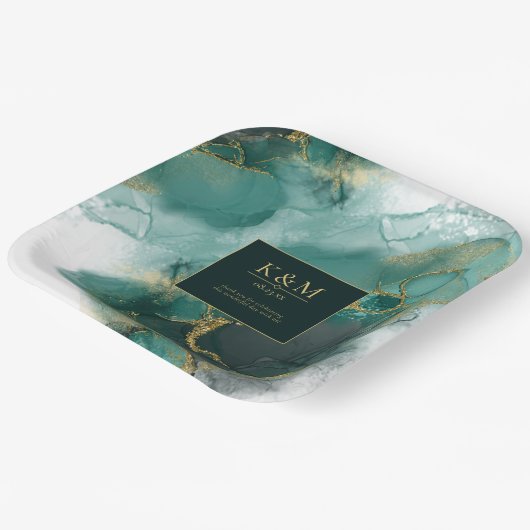 Moody Ink Emerald Gold Abstrakt Lt ID988 Pappteller (Gewinkelt)