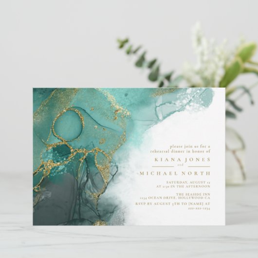 Moody Ink Emerald Gold Abstrakte Probe ID988 Einladung (Stehend Vorderseite)