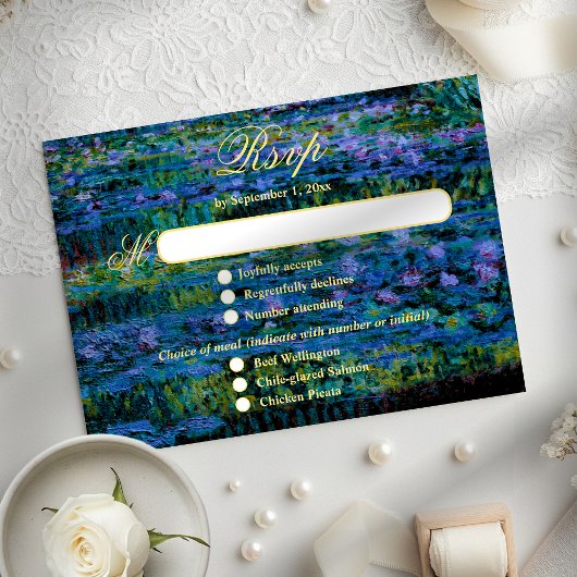 Moody Jewel Tone Monet Lily Pond Art Wedding Meal RSVP Karte