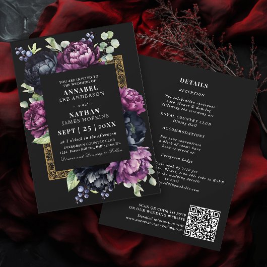 Moody Lila Black Elegant Floral Wedding QR Code Einladung