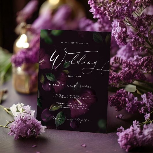 Moody Lila Bloom Calligraphy Wedding Einladung