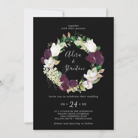 Moody Lila Blooms | Black Wreath Wedding Einladung (Vorderseite)