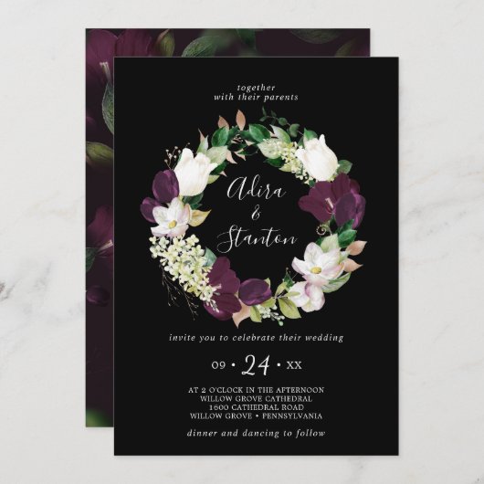 Moody Lila Blooms | Black Wreath Wedding Einladung (Vorne/Hinten)