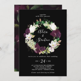Moody Lila Blooms | Black Wreath Wedding Einladung