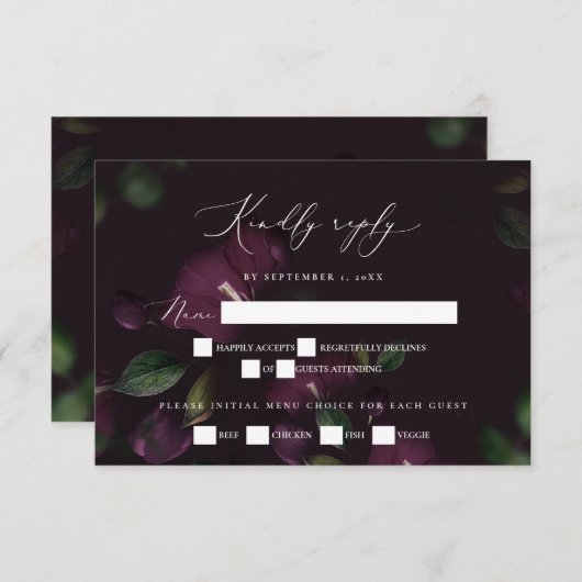 Moody Lila Blooms Gothic Wedding RSVP Karte (Vorne/Hinten)