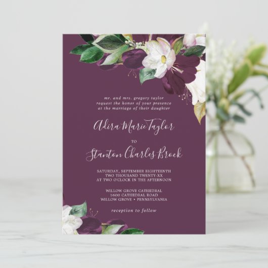 Moody Lila Blooms | Plum Traditionelle Hochzeit Einladung (Stehend Vorderseite)