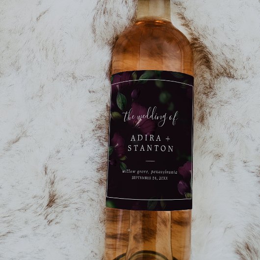Moody Lila Blooms | Schwarze Musterhochzeit Weinetikett