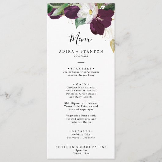 Moody Lila Blooms Wedding Dinner Menu Menükarte (Vorderseite)