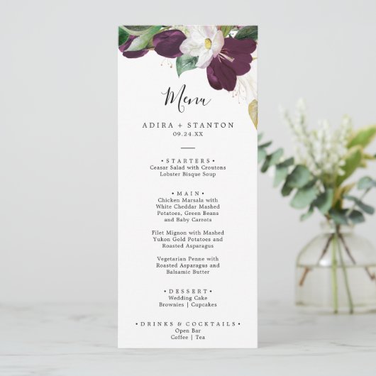 Moody Lila Blooms Wedding Dinner Menu Menükarte (Stehend Vorderseite)