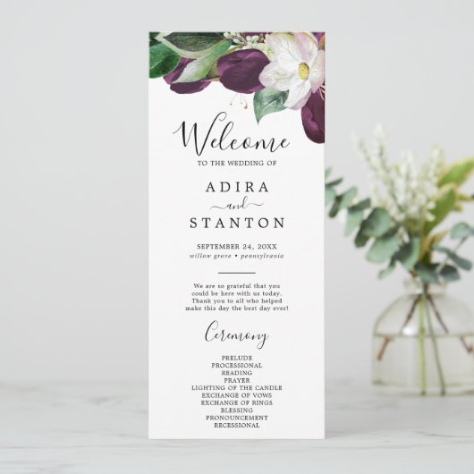 Moody Lila Blooms Wedding Program Programm (Stehend Vorderseite)