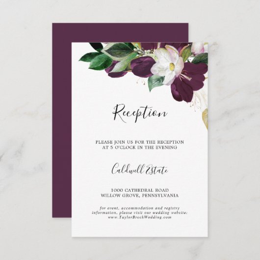 Moody Lila Blooms Wedding Reception Insert Card (Vorne/Hinten)