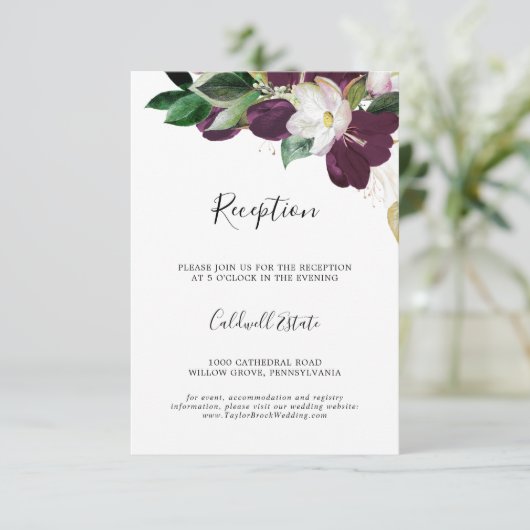 Moody Lila Blooms Wedding Reception Insert Card (Stehend Vorderseite)