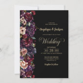 Moody Lila Burgundy Black Floral Wedding Einladung (Vorderseite)