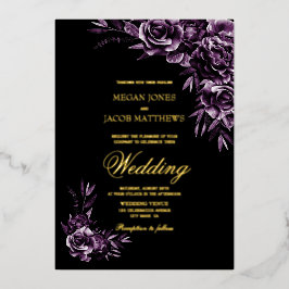 Moody Lila Floral Gold Text Wedding Folieneinladung