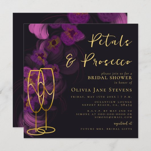 Moody Lila Orchids Petals Prosecco Brautparty Einladung (Vorne/Hinten)