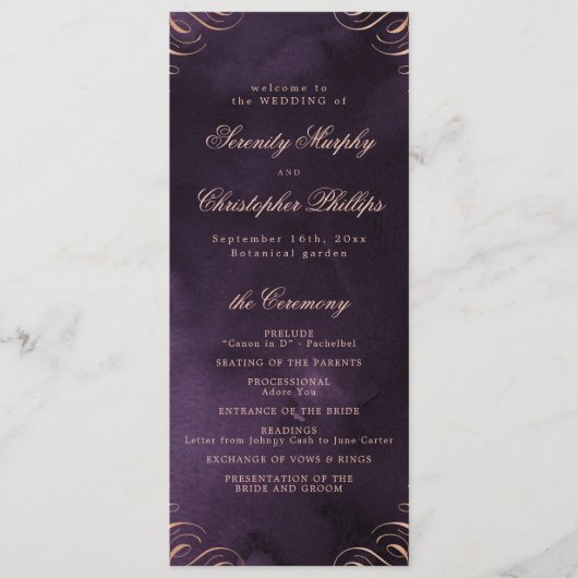 Moody lila Rose Gold Calligraphy Wedding Program Menükarte (Vorderseite)