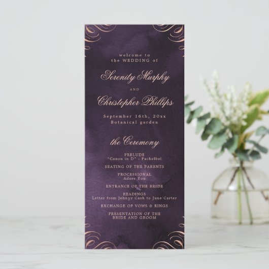 Moody lila Rose Gold Calligraphy Wedding Program Menükarte (Stehend Vorderseite)