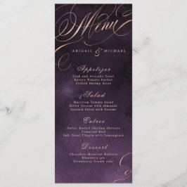 Moody lila Rose Goldkalligrafie Hochzeitsmenü Menükarte