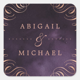 Moody lila Rose Goldkalligraphie Vintage Hochzeit Quadratischer Aufkleber
