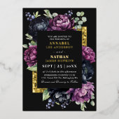 Moody Lila und Black Elegante Blumenhochzeit Folieneinladung (Vorderseite)