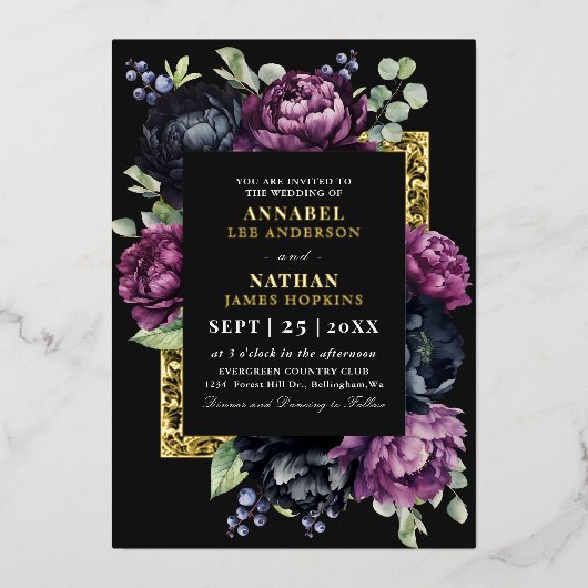Moody Lila und Black Elegante Blumenhochzeit Folieneinladung (Vorderseite)