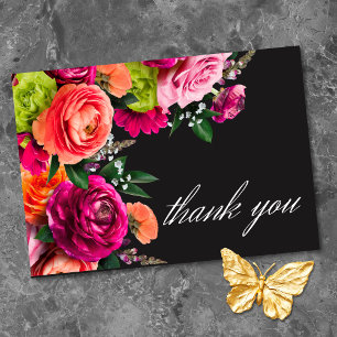 Moody Luxe Floral Lebendiges Pink-Schwarze Hochzei Dankeskarte