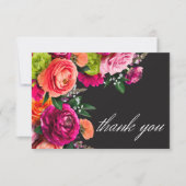 Moody Luxe Floral Vibrant Pink Black Wedding  Dankeskarte (Vorderseite)
