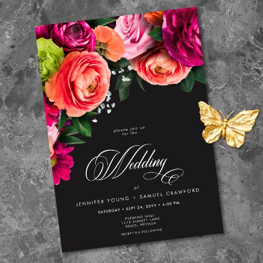 Moody Luxe Floral Vibrant Pink Black Wedding Einladung