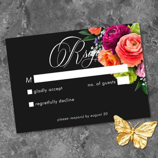 Moody Luxe Floral Vibrant Pink Black Wedding RSVP Karte