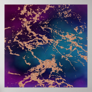 Moody Marble   Luxe Deep Lila Aquamarine Rose Gold Poster