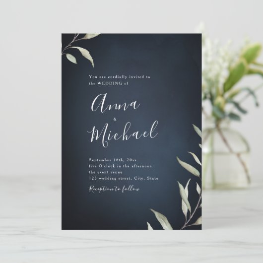 Moody Marine minimale botanische grüne Hochzeit Einladung (Stehend Vorderseite)