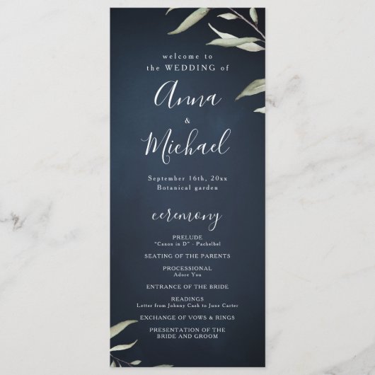 Moody Marine minimale grüne rustikale Hochzeitspro Menükarte (Vorderseite)