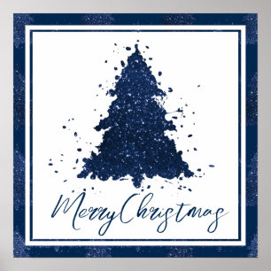 Moody Merry Christmas Classy Dark Navy Blue Tree Poster