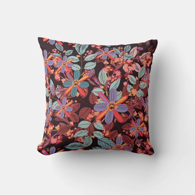 Moody Midnight Floral Folk Art Pattern Pillow Kissen (Vorderseite)
