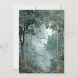 Moody Misty Forest Gold Frame Wedding Einladung