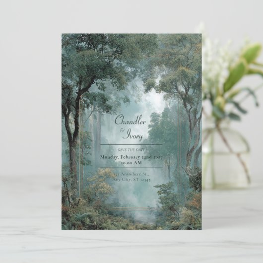 Moody Misty Forest Gold Frame Wedding Einladung (Stehend Vorderseite)