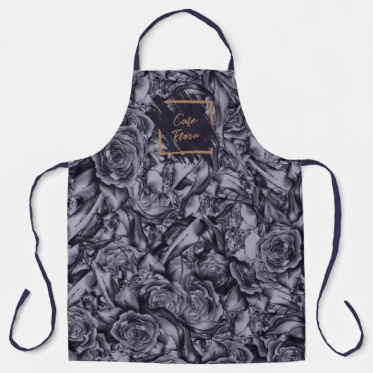 Moody Monochrome Deep Navy Blue Floral Muster Schürze (Vorderseite)