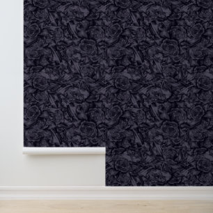 Moody Monochrome Deep Navy Blue Floral Muster Tapete