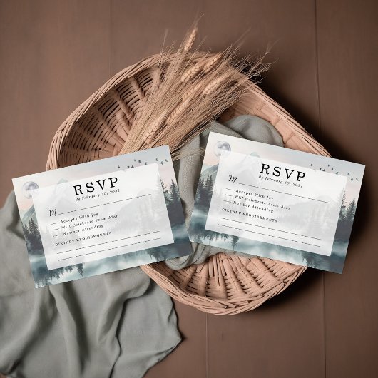 Moody Mountain Forest Lakeside Wedding RSVP Karte