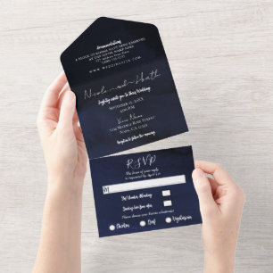 Moody Navy Blue Modern Watercolor Wedding All In One Einladung