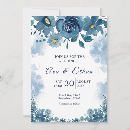 Moody Navy Blue Smoke Floral Invitation Einladung (Vorderseite)