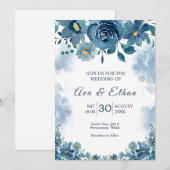 Moody Navy Blue Smoke Floral Invitation Einladung (Vorne/Hinten)