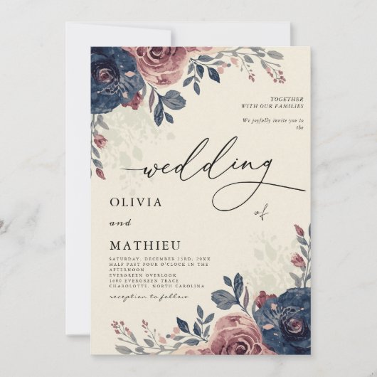 Moody Navy Dusty Rose Floral Wedding Einladung (Vorderseite)