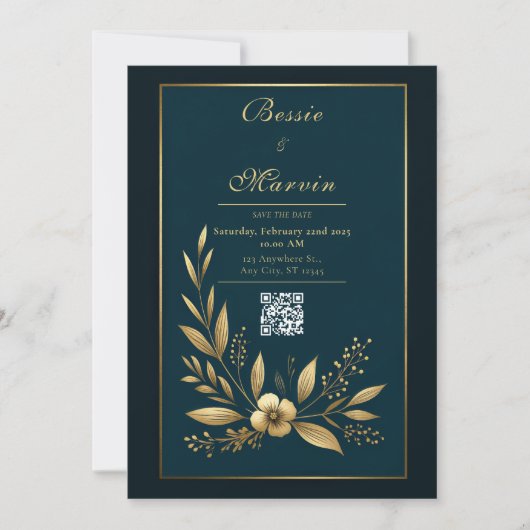 Moody Navy Gold Botanical Wedding Einladung (Vorderseite)