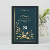Moody Navy Gold Botanical Wedding Einladung (Stehend Vorderseite)