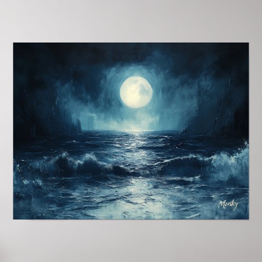 Moody Ocean Moonlight Szene mit Wellen Crashing Poster (Vorne)
