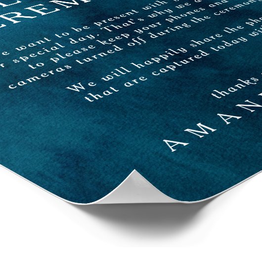 Moody Ocean Watercolor Unplugged Zeremony Sign Poster (Ecke)