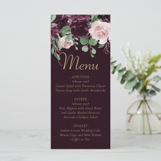 Moody Passion | Dramatischer Lila Wein Rose Garlan Menükarte (Stehend Vorderseite)